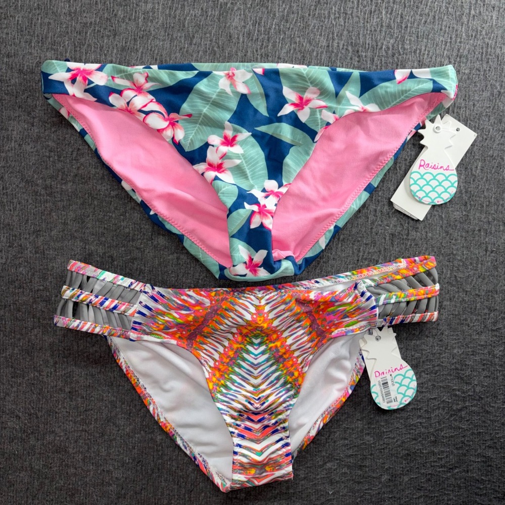 Raisins Bikini Bottoms Lot of 2 Tropical Floral Geometric Strappy NWT Size S